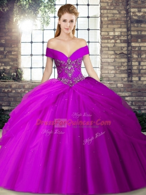 Purple Sweet 16 Dress Military Ball and Sweet 16 and Quinceanera with Beading and Pick Ups Off The Shoulder Sleeveless Brush Train Lace Up