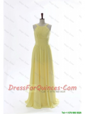 Perfect Simple 2016 Scoop Chiffon Yellow Prom Dresses with Sweep Brain