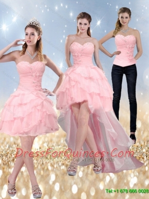 2015 Detachable New Style Sweetheart Baby Pink Prom Dress with Ruffled Layers and Beading