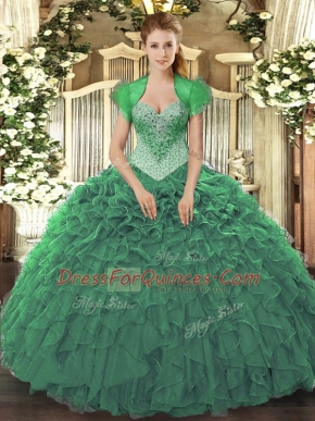 Perfect Green Sweetheart Neckline Beading and Ruffles Sweet 16 Quinceanera Dress Sleeveless Lace Up