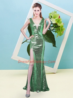Turquoise V-neck Zipper Sequins Prom Evening Gown Sleeveless