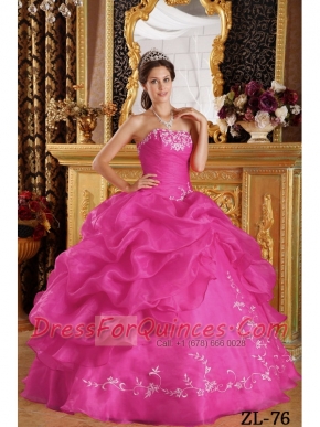 2014 Hot Pink Ball Gown Organza Strapless Floor-length Cheap Quinceanera Dresses