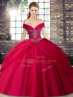 Fashionable Red Lace Up Off The Shoulder Beading and Pick Ups Quince Ball Gowns Tulle Sleeveless Brush Train