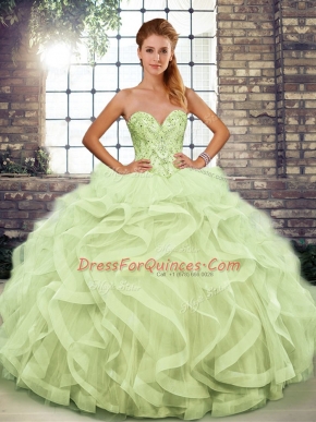Yellow Green Lace Up Quince Ball Gowns Beading and Ruffles Sleeveless Floor Length