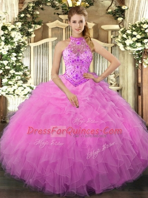 Halter Top Sleeveless Lace Up Quinceanera Gowns Rose Pink Organza