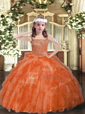 Customized Sleeveless Organza Floor Length Lace Up Pageant Gowns For Girls in Orange Red with Beading and Ruffles