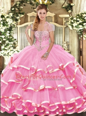 Rose Pink Lace Up Strapless Appliques and Ruffled Layers Quinceanera Dresses Organza Sleeveless
