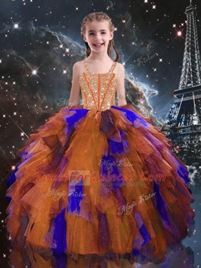 Orange Red Sleeveless Beading and Ruffles Floor Length Little Girl Pageant Dress