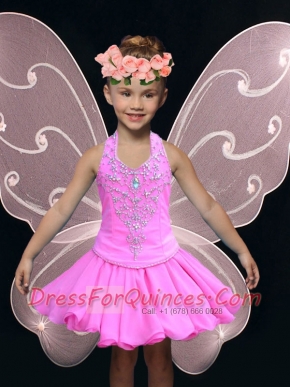 A-Line Halter Mini-length Hot Pink Little Girl Dress with Beading
