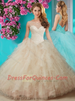 Elegant Beaded and Ruffled Quinceanera Dress with See Through Scoop