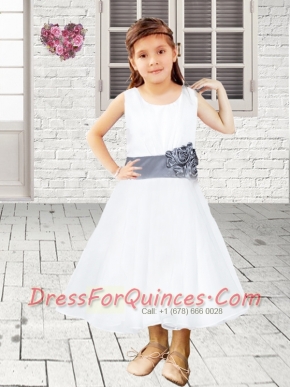 White Scoop Ankle-length Flower Girl Dress with Hand Made Flowers