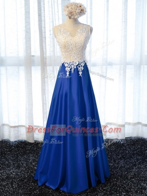 Royal Blue Sleeveless Lace and Appliques Floor Length