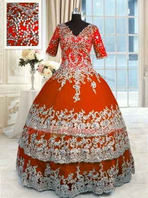 Best Selling Floor Length Orange Red Vestidos de Quinceanera Tulle Half Sleeves Beading and Appliques and Ruffles
