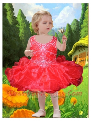 Sweet Organza V-neck Knee-length Little Girl Dress in Red