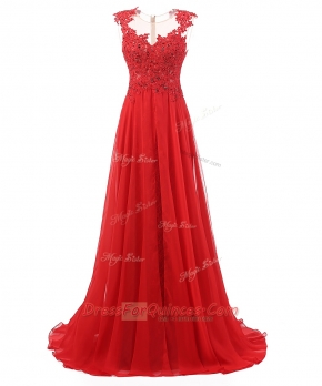 With Train A-line Sleeveless Red Prom Gown Brush Train Zipper