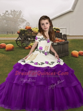 New Arrival Floor Length Lace Up Child Pageant Dress Eggplant Purple for Party and Military Ball and Wedding Party with Embroidery and Ruffled Layers