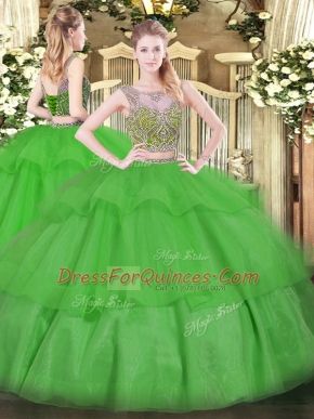 Scoop Sleeveless Tulle Ball Gown Prom Dress Beading and Ruffled Layers Lace Up