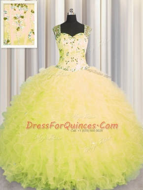 See Through Zipper Up Floor Length Ball Gowns Sleeveless Yellow Sweet 16 Dress Zipper