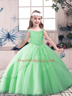 Apple Green Off The Shoulder Neckline Beading Pageant Gowns For Girls Sleeveless Lace Up