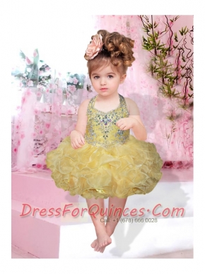 Fashionable Halter Top Knee-length Beading Bowknot Yellow Little Girl Dresses
