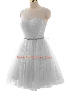 Grey Sleeveless Beading and Ruching Mini Length Homecoming Dress