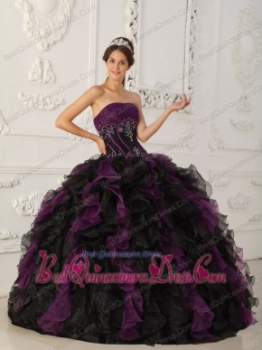 Purple and Black Ball Gown Strapless Floor-length Taffeta and Organza Beading Quinceanera Dress