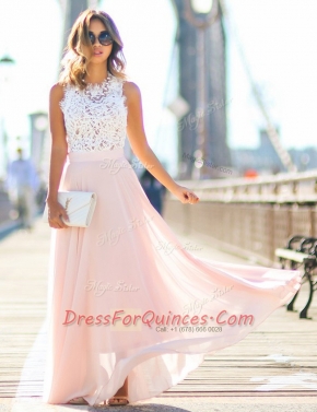 Vintage Scalloped Floor Length Pink Prom Evening Gown Chiffon Sleeveless Lace