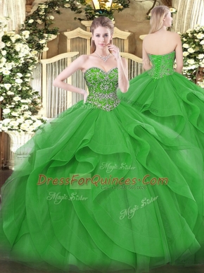 Green Ball Gowns Tulle Sweetheart Sleeveless Beading and Ruffles Floor Length Lace Up Ball Gown Prom Dress