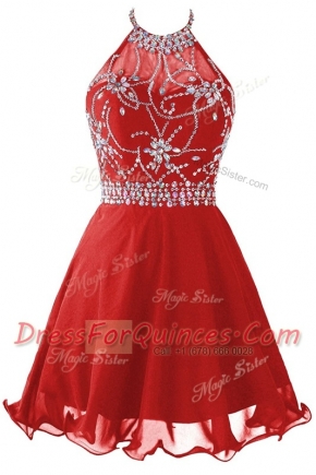 Modest Halter Top Sleeveless Zipper Prom Evening Gown Red Organza