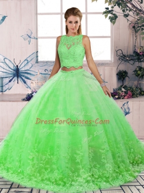 Suitable Green Sweet 16 Dress Military Ball and Sweet 16 and Quinceanera with Lace Scalloped Sleeveless Sweep Train Backless