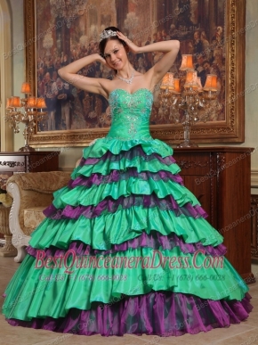 Green Ball Gown Sweetheart Floor-length Taffeta and Organza Beading Quinceanera Dress