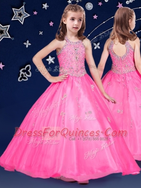 Halter Top Hot Pink Ball Gowns Beading Flower Girl Dresses for Less Zipper Organza Sleeveless Floor Length