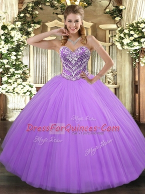 Sleeveless Tulle Floor Length Lace Up 15th Birthday Dress in Lavender with Beading