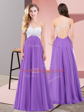 Empire Eggplant Purple One Shoulder Chiffon Sleeveless Floor Length Lace Up