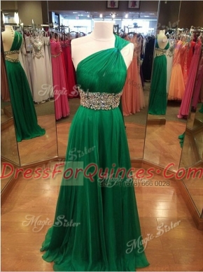 Pretty One Shoulder Green A-line Beading Evening Dress Backless Chiffon Sleeveless With Train