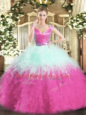 Floor Length Zipper 15 Quinceanera Dress Multi-color for Military Ball and Sweet 16 and Quinceanera with Ruffles