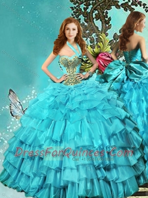 Elegant Halter Top Aqua Blue Quinceanera Dress with Ruffled Layers and Beading