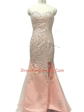 Pretty Tulle Sweetheart Sleeveless Sweep Train Zipper Beading in Peach