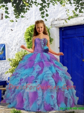2016 Fall Cheap Beading and Ruffles Purple and Blue Little Girl Pageant Dress with Hand Made Flower