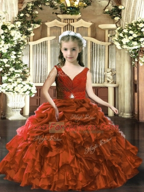 Sleeveless Organza Floor Length Backless Little Girl Pageant Gowns in Brown with Beading and Ruffles and Pick Ups