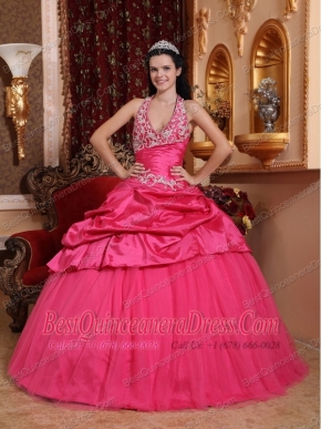 Hot Pink Ball Gown Halter Floor-length Taffeta Appliques Sweet 16 Dress