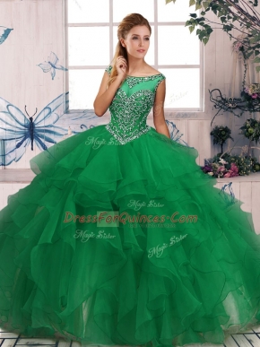 Green Sleeveless Floor Length Beading and Ruffles Zipper Quinceanera Gown