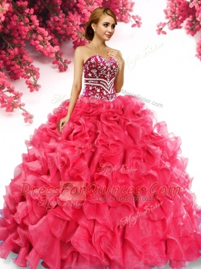 Sweet Red Sleeveless Floor Length Beading and Ruffles Lace Up Sweet 16 Dresses
