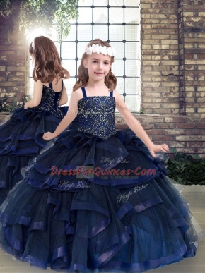 Custom Fit Sleeveless Floor Length Beading and Ruffles Lace Up Pageant Dress Toddler with Navy Blue