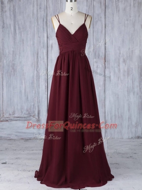 Burgundy Empire Appliques Quinceanera Dama Dress Zipper Chiffon Sleeveless Floor Length