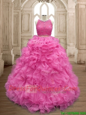Two Piece Scoop Beaded and Ruffles Quinceanera Dress in Organza