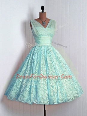 Luxurious A-line Quinceanera Court Dresses Aqua Blue V-neck Lace Sleeveless Mini Length Lace Up