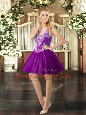 Mini Length Purple Prom Gown Tulle Sleeveless Beading