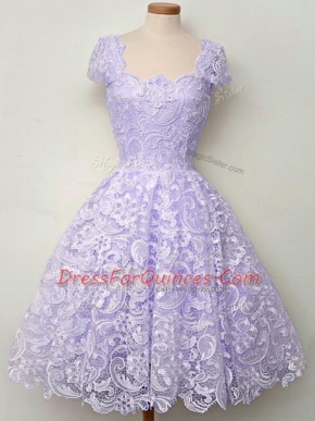 Knee Length Lavender Dama Dress for Quinceanera Lace Sleeveless Lace