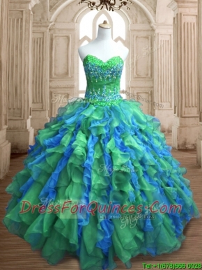 Most Popular Applique and Ruffled Quinceanera Dress in Green and Blue